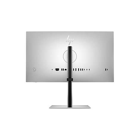 Rückseite eines silbernen HP-Monitors auf einem Standfuß mit verschiedenen Anschlüssen.