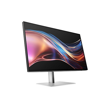 Moderner, schlanker Monitor mit silbernem Standfuß und abstraktem, farbenfrohem Displayhintergrund.