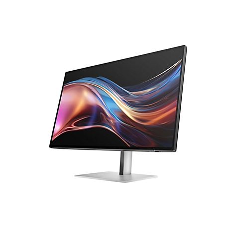 Moderner, schlanker Monitor mit silbernem Standfuß und abstraktem, farbenfrohem Displayhintergrund vor weißem Hintergrund.