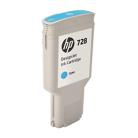 Hellgraue HP 728 Cyan Tintenpatrone. Logo, Aufschrift: DesignJet Ink Cartridge, Cyan, blaues Feld.