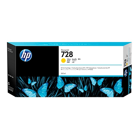 Gelbe HP Designjet 728 Tintenpatrone, vor einem Hintergrund mit blauen Schmetterlingen.