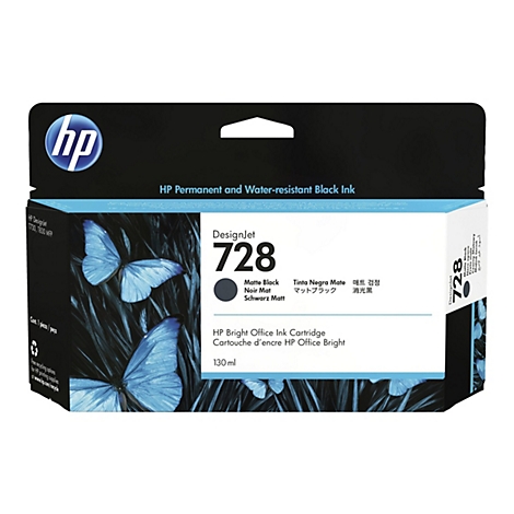 Emballage d'une cartouche d'encre HP Designjet 728 noire. L'emballage présente le logo HP, des informations sur le produit et une image de papillons bleus.