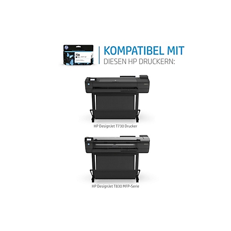 Schwarz-Tintenpatrone 728 und zwei HP DesignJet-Drucker auf weißem Hintergrund.