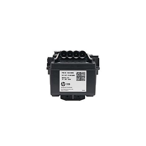 Schwarzer HP DesignJet 729 Druckkopf mit Etikett und Text. Oberhalb befinden sich mehrere runde Öffnungen.