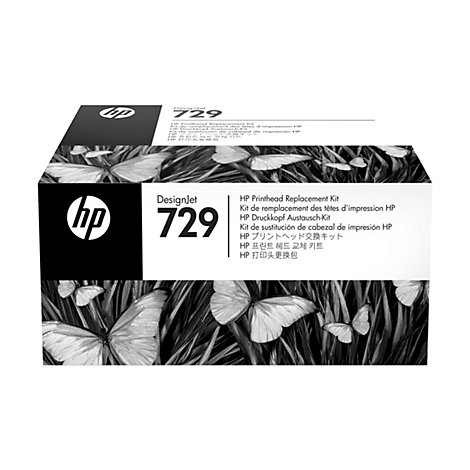 HP DesignJet 729 Ersatzteilkit. Schwarzer Karton mit dem HP Logo und Produktinformationen. Im Hintergrund Schmetterlinge auf einer dunklen, blättrigen Fläche.