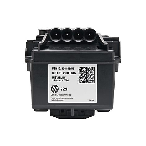 Schwarzer DesignJet Printhead 729 von HP mit Textinformationen, u.a. „Install By: 14-Jan-2024“