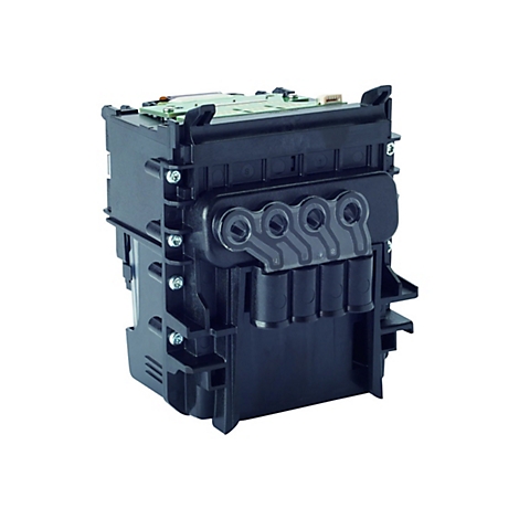 Schwarzer Druckkopf, technische Komponente mit kreisförmigen Düsen und elektronischen Elementen, isoliert vor weißem Hintergrund.