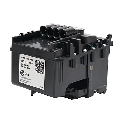 Schwarzer Tintenpatronenkopf mit runden Öffnungen und weißem Etikett mit Text. Aufgedruckt sind die Logos von "hp" und "729".