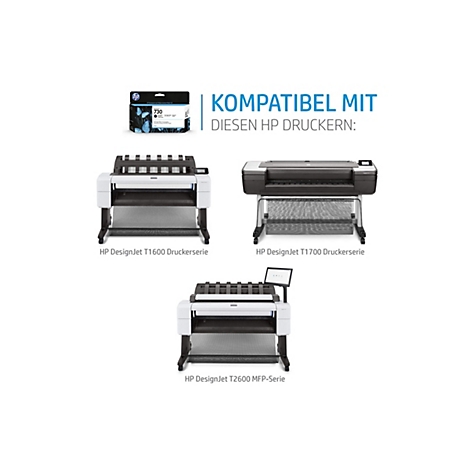 Das Bild zeigt eine blaue Tintenpatrone neben drei verschiedenen HP DesignJet Druckern. Der Text besagt, dass die Patrone mit diesen Druckern kompatibel ist.