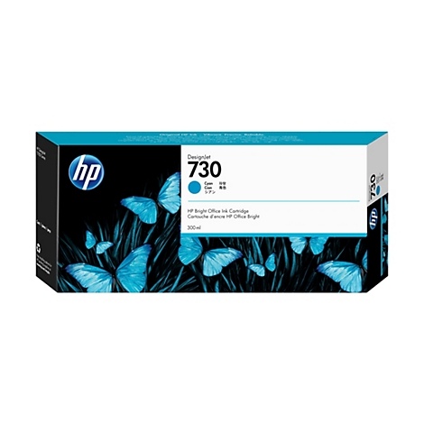 Une cartouche d'encre HP étiquetée DesignJet 730, avec de l'encre cyan, sur fond noir orné de papillons bleus.