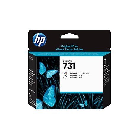 Schwarze HP-Tintenpatrone. Aufschrift: Original HP Ink, Designjet 731, mit blauen Schmetterlingen.