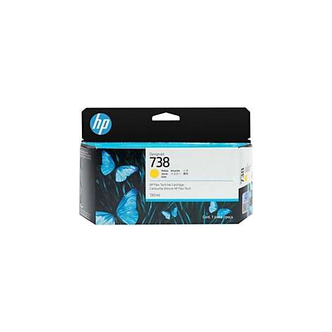 Ein rechteckiger HP DesignJet 738 Tintenpatronen-Karton mit gelber Tinte. Auf dem Karton befinden sich blaue Schmetterlinge auf dunklem Hintergrund. Das HP-Logo ist oben links.