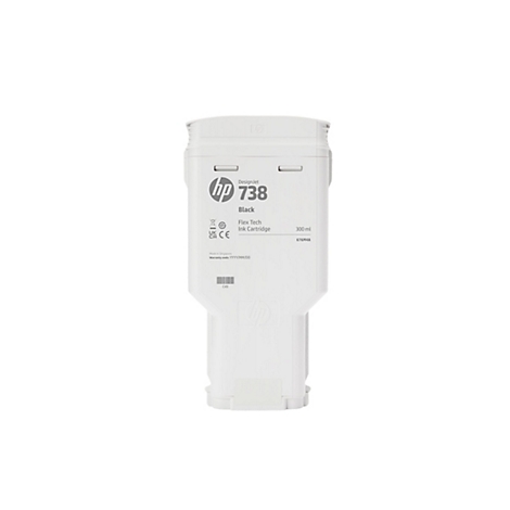 Eine weiße HP-Tintenpatrone mit dem Label "DesignJet 738 Black". Die Patrone enthält 300 ml Tinte.