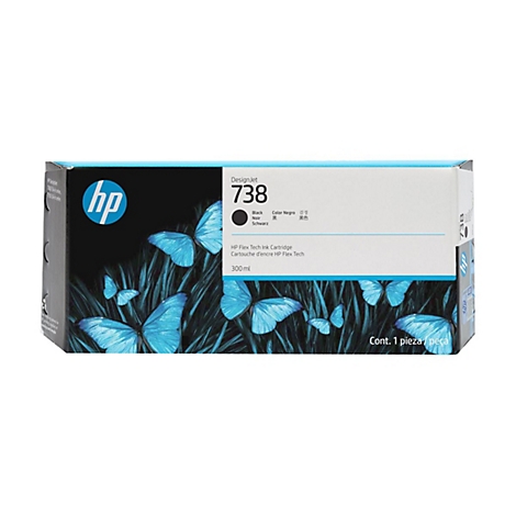 HP Tintenpatrone DesignJet 738, schwarze Tinte, Schmetterlinge im Hintergrund.