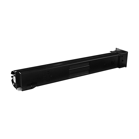 Schwarze Tonerkartusche, schräg von oben abgebildet, vor weißem Hintergrund. HP Logo. Deutlich erkennbare Produktmerkmale.