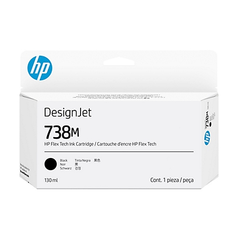 Eine weiße HP-Tintenpatronen-Verpackung, beschriftet mit "DesignJet 738M". Auf der Packung befindet sich das HP-Logo und Informationen zur Tinte.
