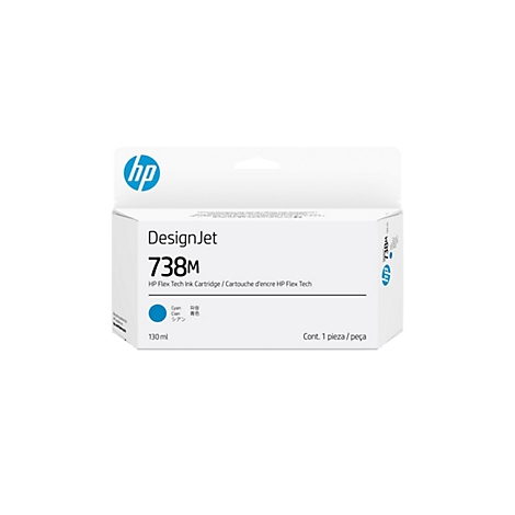 Un emballage de cartouche d'encre HP blanc, avec l'inscription "DesignJet 738M" et la couleur "Cyan".