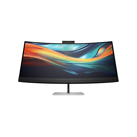 HP Curved Monitor mit buntem, geschwungenem Hintergrundbild vor weißem Hintergrund.