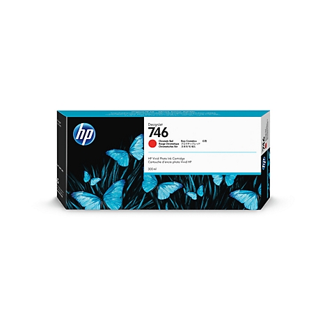 Eine HP Designjet 746 Tintenpatrone, die mit blauen Schmetterlingen auf schwarzem Hintergrund verziert ist.