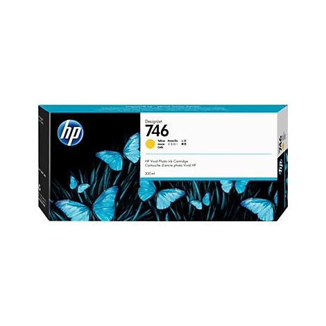 HP Tintenpatrone. Aufdruck: Designjet 746, gelbe Tinte. Verpackung mit Schmetterlingsmotiv.