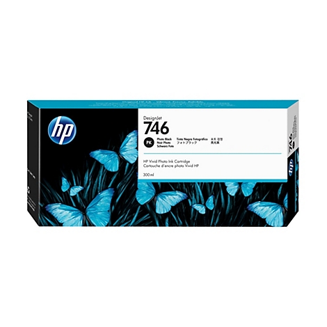 HP Tintenpatrone 746 mit blauen Schmetterlingen. Aufdrucke wie 'DesignJet', 'Photo Black'.