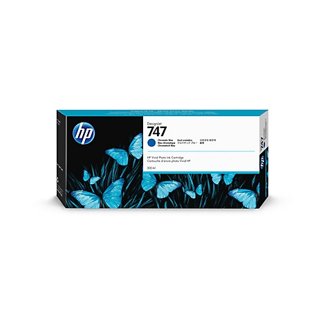 Eine blaue Tintenpatrone von HP, bedruckt mit blauen Schmetterlingen. Aufgedruckt sind Produktinformationen.