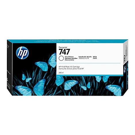 Eine HP Tintenpatrone mit Schmetterlingen. Aufschrift: DesignJet 747, 300 ml. Auf der Verpackung befindet sich das HP Logo.