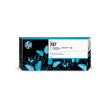 Eine Produktverpackung der Marke HP. Auf der Verpackung befinden sich blaue Schmetterlinge vor schwarzem Hintergrund. Der Schriftzug "DesignJet 747" ist deutlich zu erkennen.