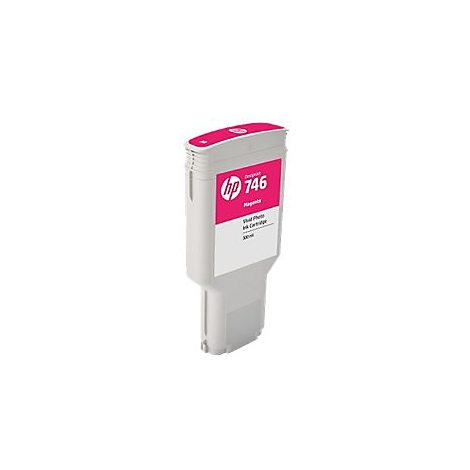 Eine HP 746 Magenta Tintenpatrone. Weißes Gehäuse mit magentafarbenem Deckel und Label. Aufschrift: "Designed by HP 746 Magenta Vivid Photo Ink Cartridge 300 ml".