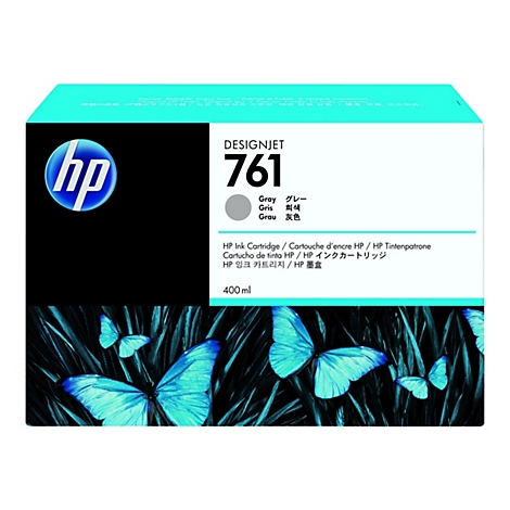 Eine HP Designjet 761 Tintenpatrone. Auf dem Produktbild sind Schmetterlinge zu sehen.