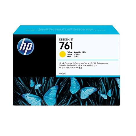 Cartouche d'encre jaune HP DesignJet 761 avec des papillons.