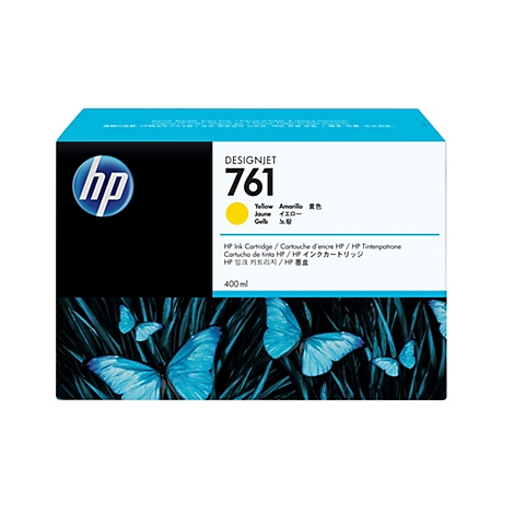 Une cartouche d'encre jaune HP Designjet 761 de 400 ml, sur fond de papillons bleus.