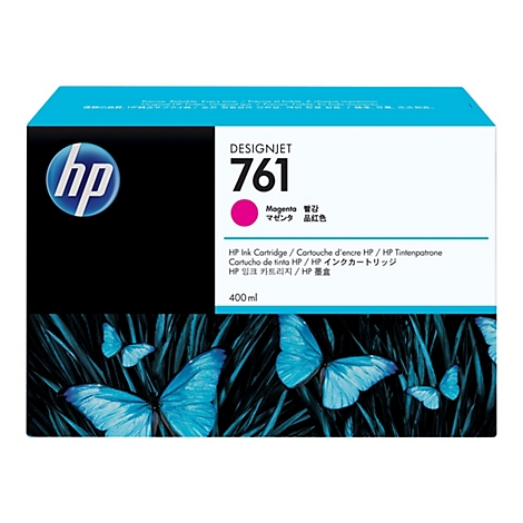 HP Designjet 761 Tintenpatrone. Magenta Farbe. Auf der Verpackung blaue Schmetterlinge vor schwarzem Hintergrund.