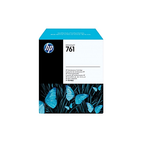 Emballage de produit avec l'inscription "DESIGNJET 761". Le logo HP est affiché, ainsi que des informations sur le produit et une image de fond de papillons bleus.