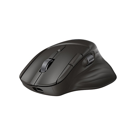 Schwarze ergonomische Computermaus, Ansicht von oben. Zwei Scrollräder, leicht gewölbt. Schwarzer Hintergrund.