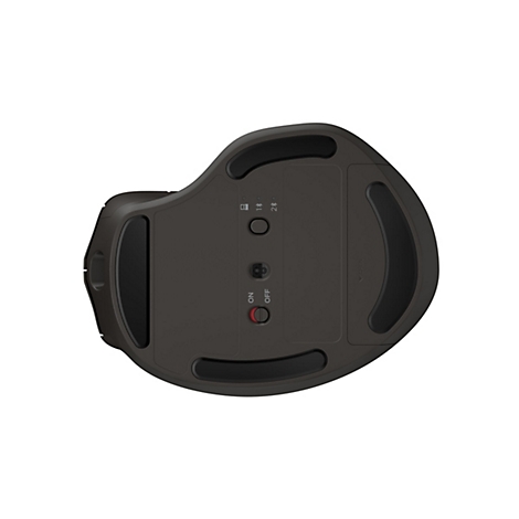 Draufsicht auf eine graue, ergonomische Maus. Auf der Unterseite befinden sich der Ein-/Ausschalter, Knöpfe und Schieberegler.
