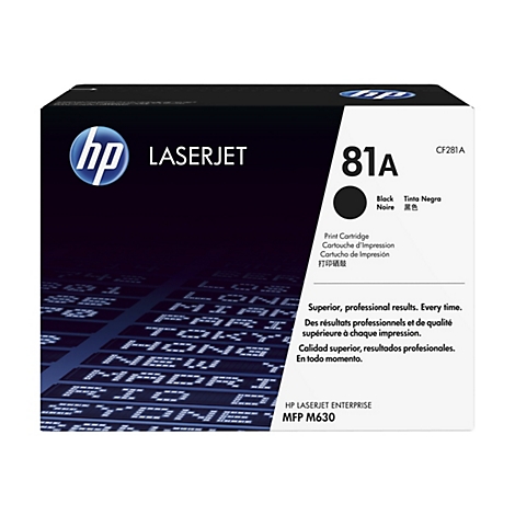 Eine HP Laserjet 81A Schwarz-Druckpatrone, die auf einer Tafel mit Flughafencodes präsentiert wird.