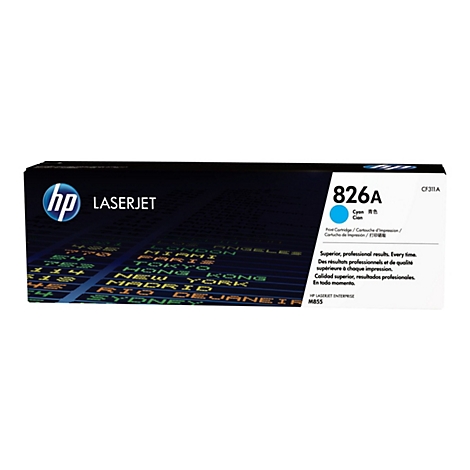Une cartouche de toner cyan HP LaserJet 826A, avec le logo HP et du texte. Des codes de ville de différentes couleurs sont visibles en arrière-plan.