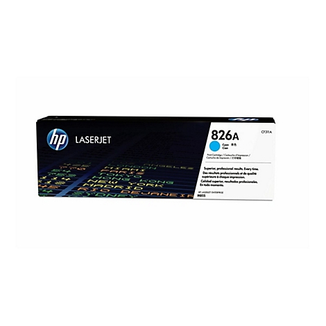 Eine HP Laserjet Druckerpatrone, Cyan. Aufschrift '826A' und 'CF311A'.
