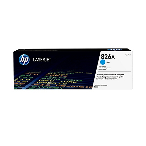 Eine Tintenpatrone der Marke HP LaserJet, Modell 826A, in Cyan. Auf der Verpackung sind der Markenname, der Produktname und die Produktmerkmale deutlich sichtbar.