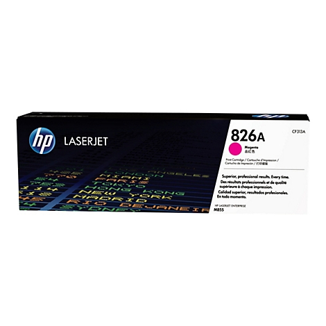 Une cartouche d'impression HP LaserJet, 826A, magenta. Fond noir avec noms de villes du monde, texte en anglais, français et espagnol.