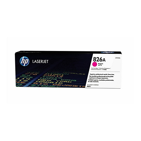 HP 826A Magenta Tonerpatrone. Schwarzer Karton mit Logo, Produktbezeichnung, und Details.