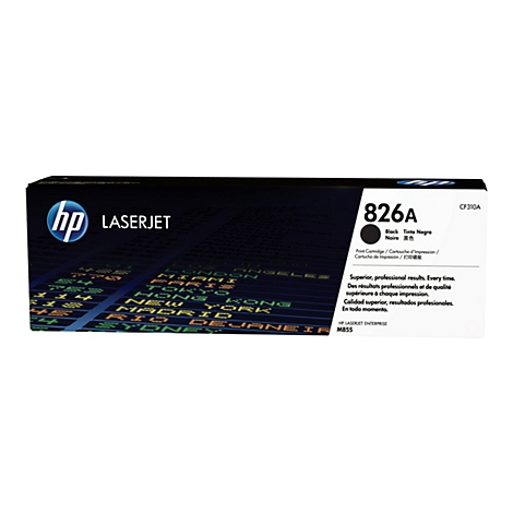 Schwarze HP LaserJet 826A Tonerkartusche, mit Text wie: 'Superior, professional results.' und einer Hintergrundgrafik mit Städtenamen.