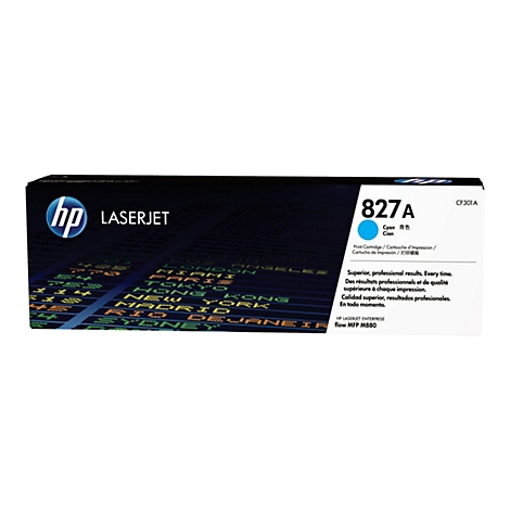 Eine Cyan-Tintenpatrone mit der Aufschrift 827A und HP LaserJet-Logo.