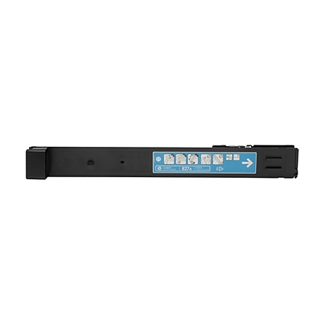 Schwarze Tonerkartusche, blau gekennzeichnet. Aufdruck: HP LaserJet 827A.