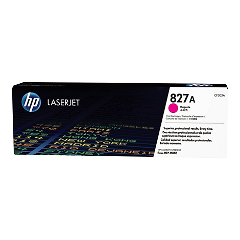 Eine HP Laserjet 827A Magenta Tonerkartusche mit Text und Logo. Der Hintergrund ist ein dunkles Muster aus Stadt- und Ankunftszeiten.