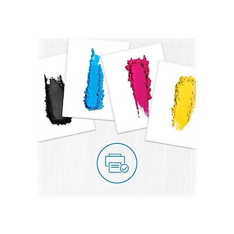 Karten mit Farbklecksen in Schwarz, Blau, Pink und Gelb. Ein Symbol fÃ¼r das Drucken ist im Vordergrund zu sehen.