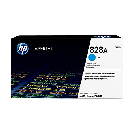 Eine HP Laserjet-Tonerpatrone in Cyan, mit der Aufschrift 828A und der Produktbezeichnung CF359A.