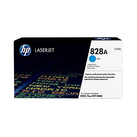 Eine schwarze HP LaserJet Toner Kartusche mit cyanfarbener Tintenanzeige. Auf dem Karton steht '828A' und 'CF359A'.