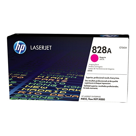 Eine HP LaserJet 828A Magenta Tonerkartusche. Die Verpackung zeigt den Produktnamen, eine Stadt-Matrix und Logo.